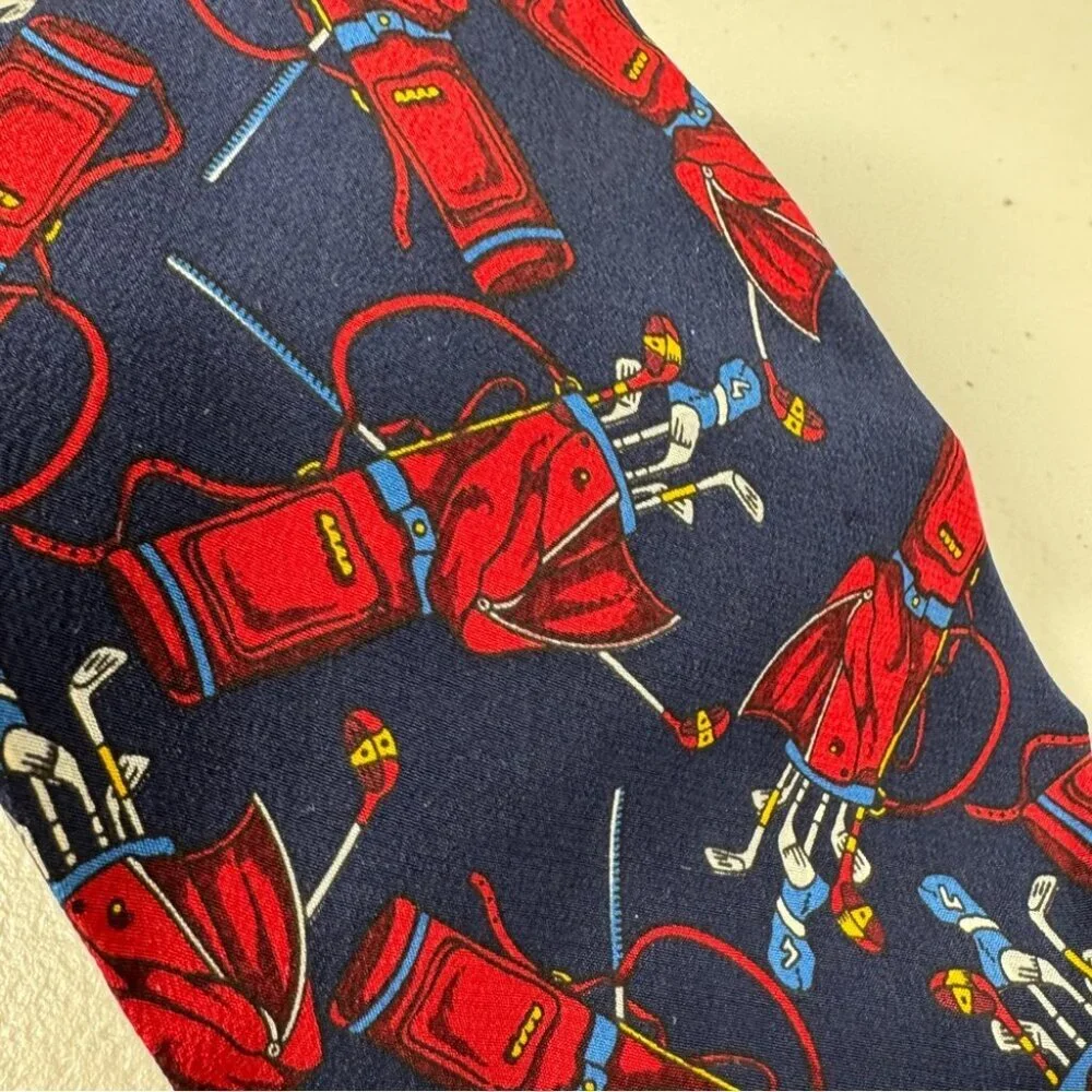 Arturo Nucci Silk Golf Novelty Tie Navy Red Golf Bag Print Necktie Funky Style